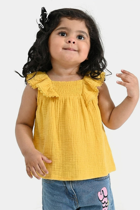 Infant Girls Cotton Casual Frock - Yellow