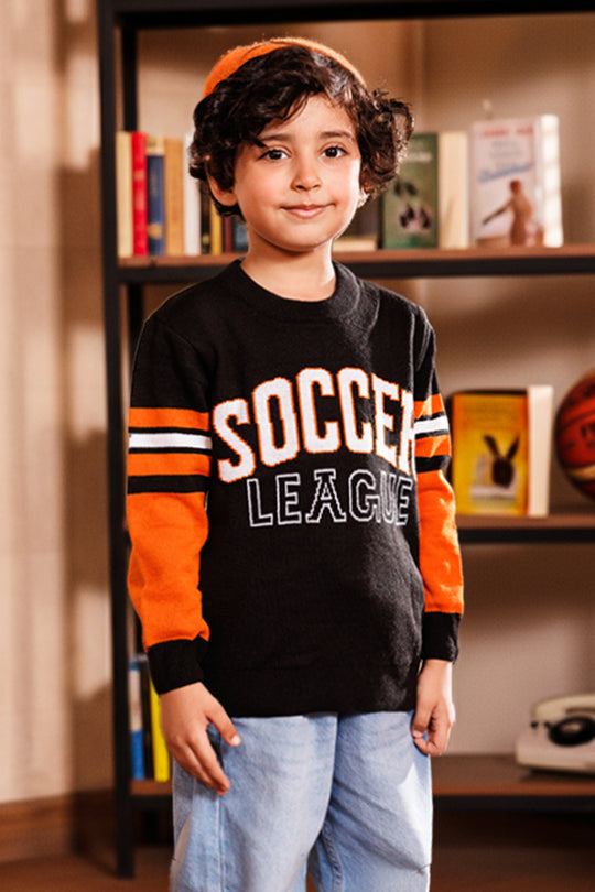 Boys Acrylic Sweater-Soccer-Blk.Orange