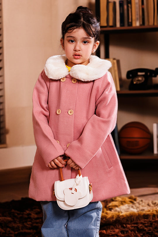 Girls Wool Trench Coat Fur-PINK
