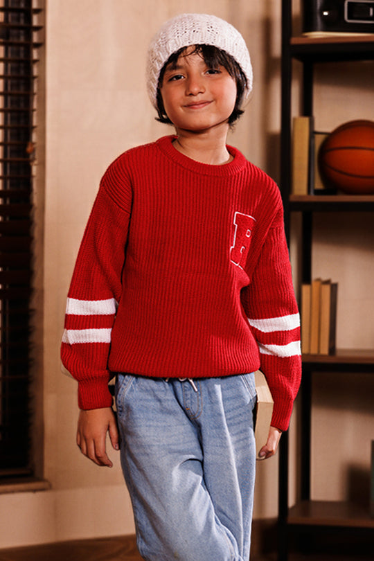 Boys Acrylic Sweater-Varsity - RED