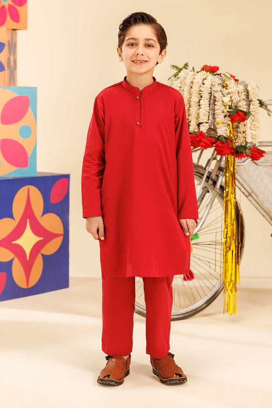 Boys Cotton 2pc Suit (Band Collar) - Red