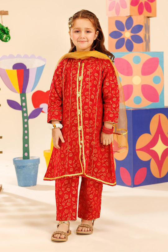Girls Jacquard 3 Pcs Suit Gulistaan-Red