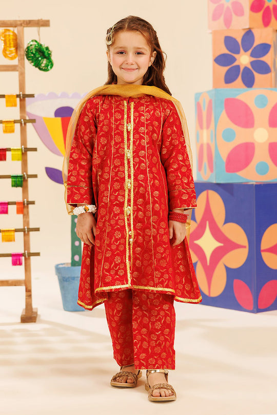 Girls Jacquard 3 Pcs Suit Gulistaan-Red