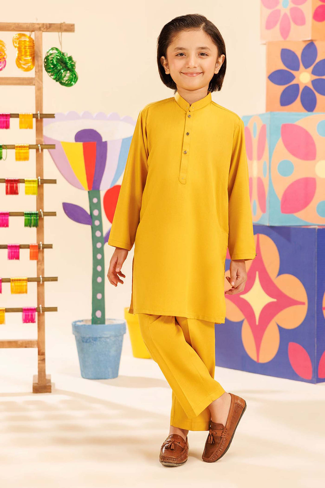 Boys Poly Viscose Kurta Pajama (Cut Collar)-Mustard