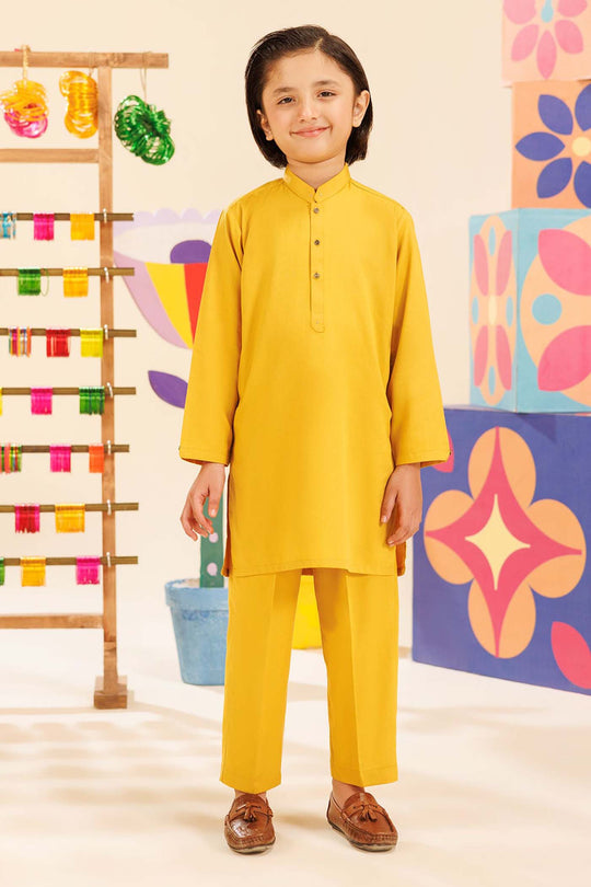 Boys Poly Viscose Kurta Pajama (Cut Collar)-Mustard