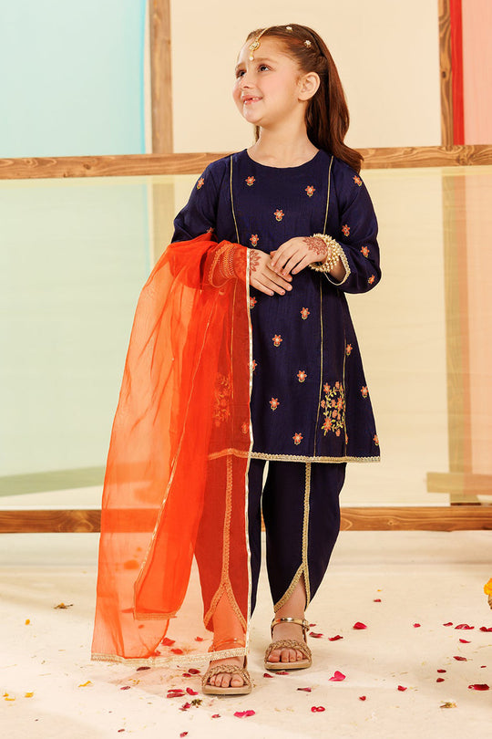 Girls Raw Silk 3 Pcs Umang - Navy Blue