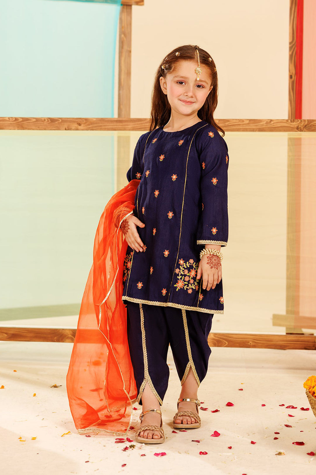 Girls Raw Silk 3 Pcs Umang - Navy Blue