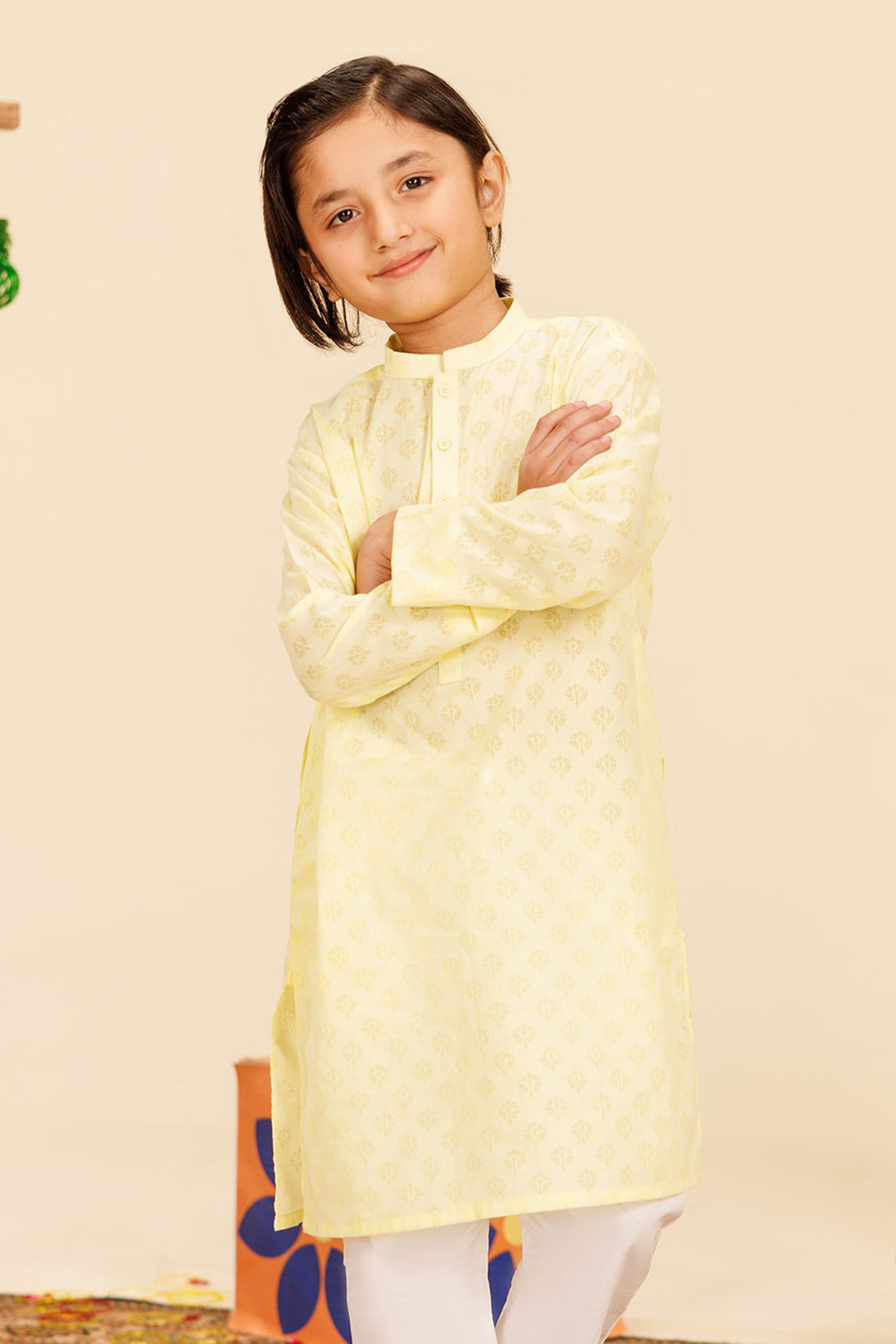 Boys Poly Viscose Basic Kurta (Burn Out)-Yellow