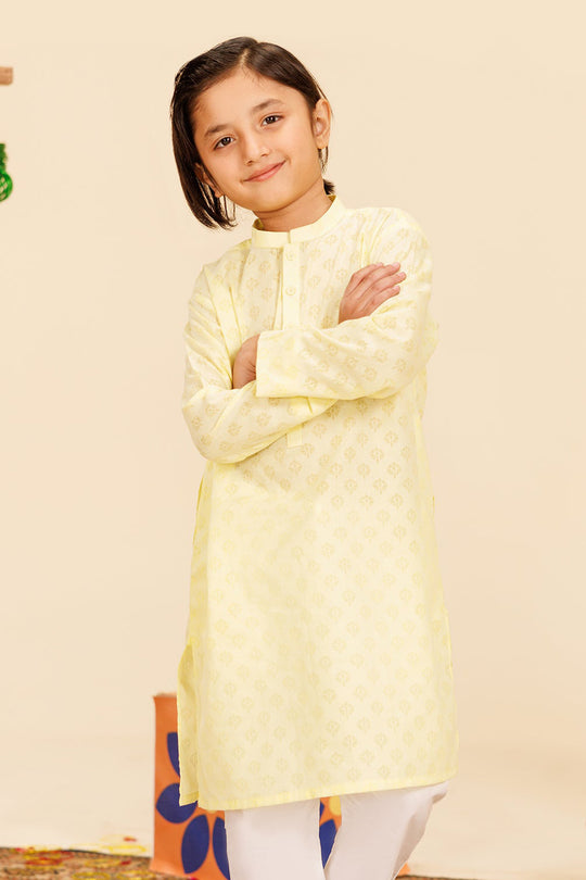 Boys Poly Viscose Basic Kurta (Burn Out)-Yellow