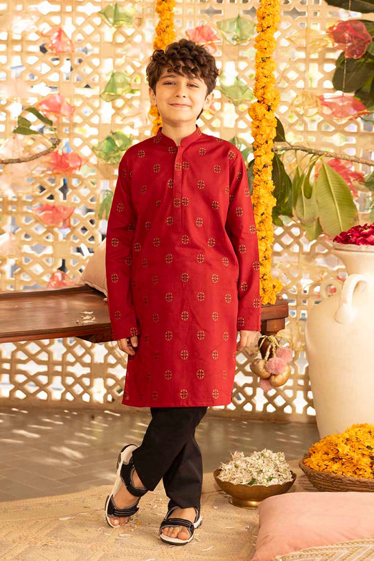 Boys Cotton Jacquard Printed Kurta (Ornamental) - Red