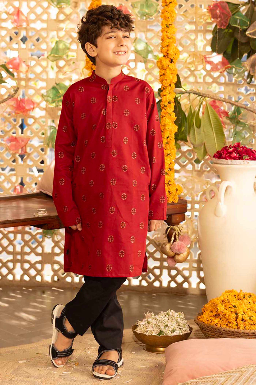 Boys Cotton Jacquard Printed Kurta (Ornamental) - Red