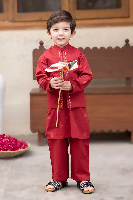 Infant Boys Cotton Poplin 3-Piece Suit (Rung Saz) - Red