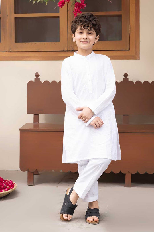 Boys Cotton Kurta Pajama (Chicken Kari) - White