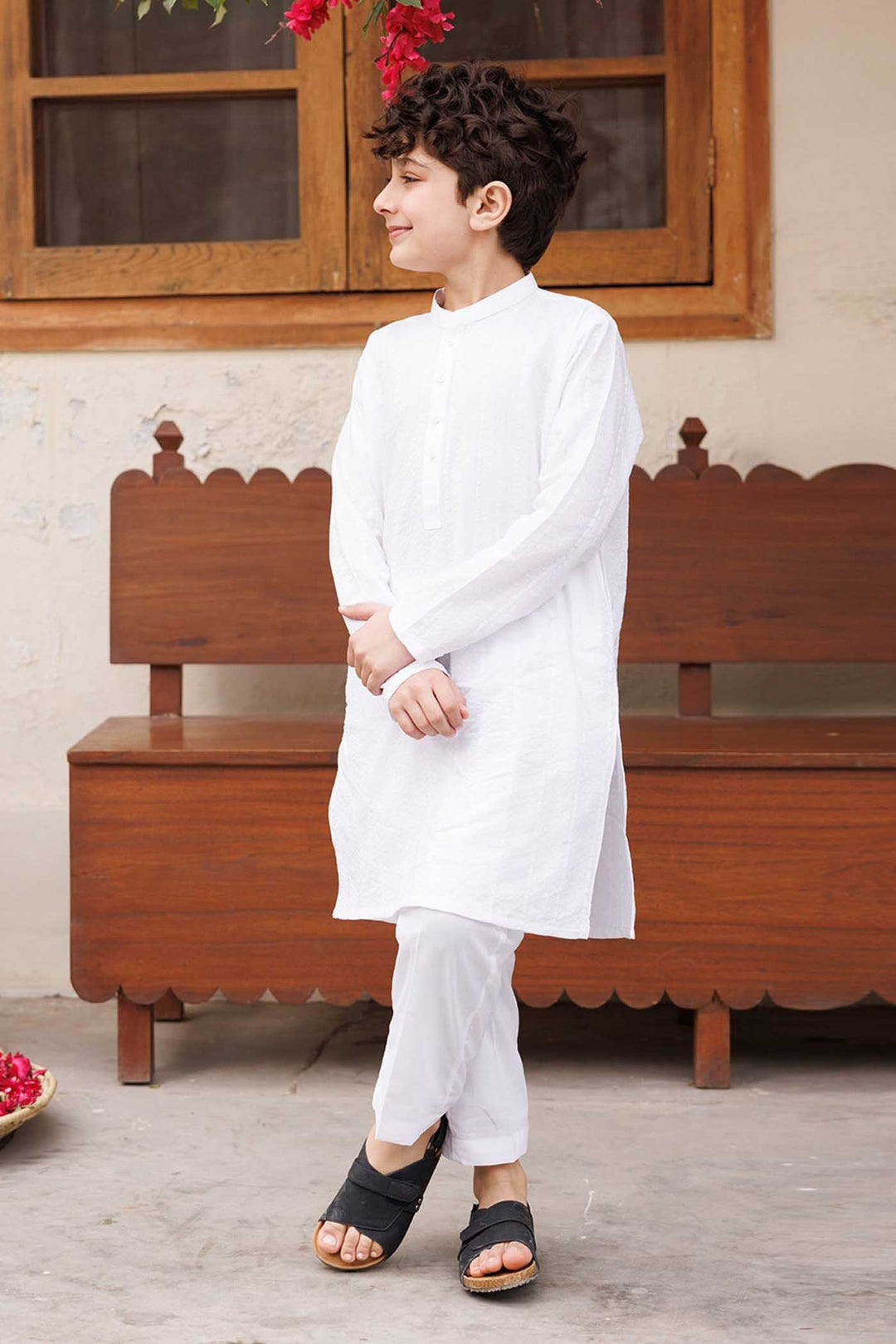 Boys Cotton Kurta Pajama (Chicken Kari) - White