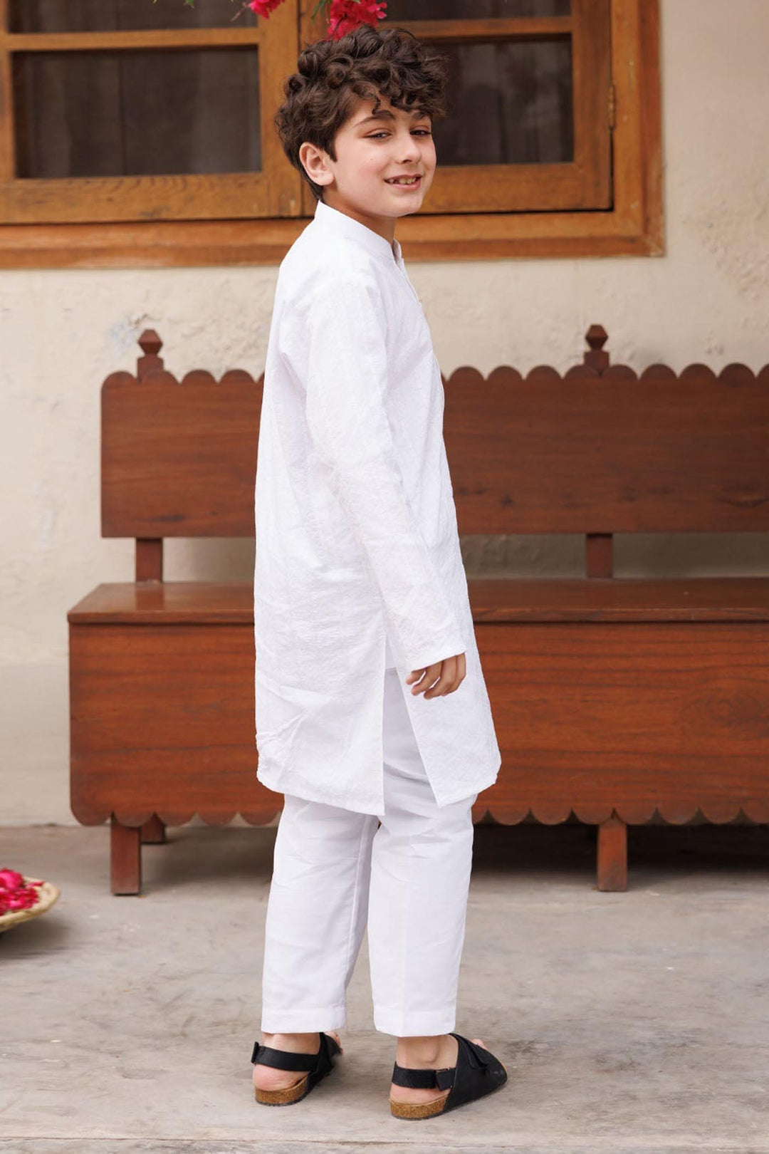 Boys Cotton Kurta Pajama (Chicken Kari) - White