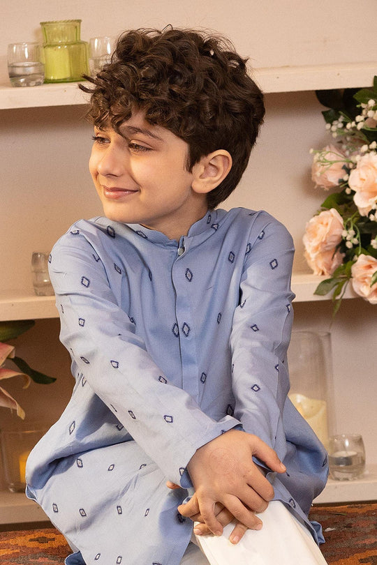Boys Cotton Jacquard Printed Kurta (Tribal) - Blue