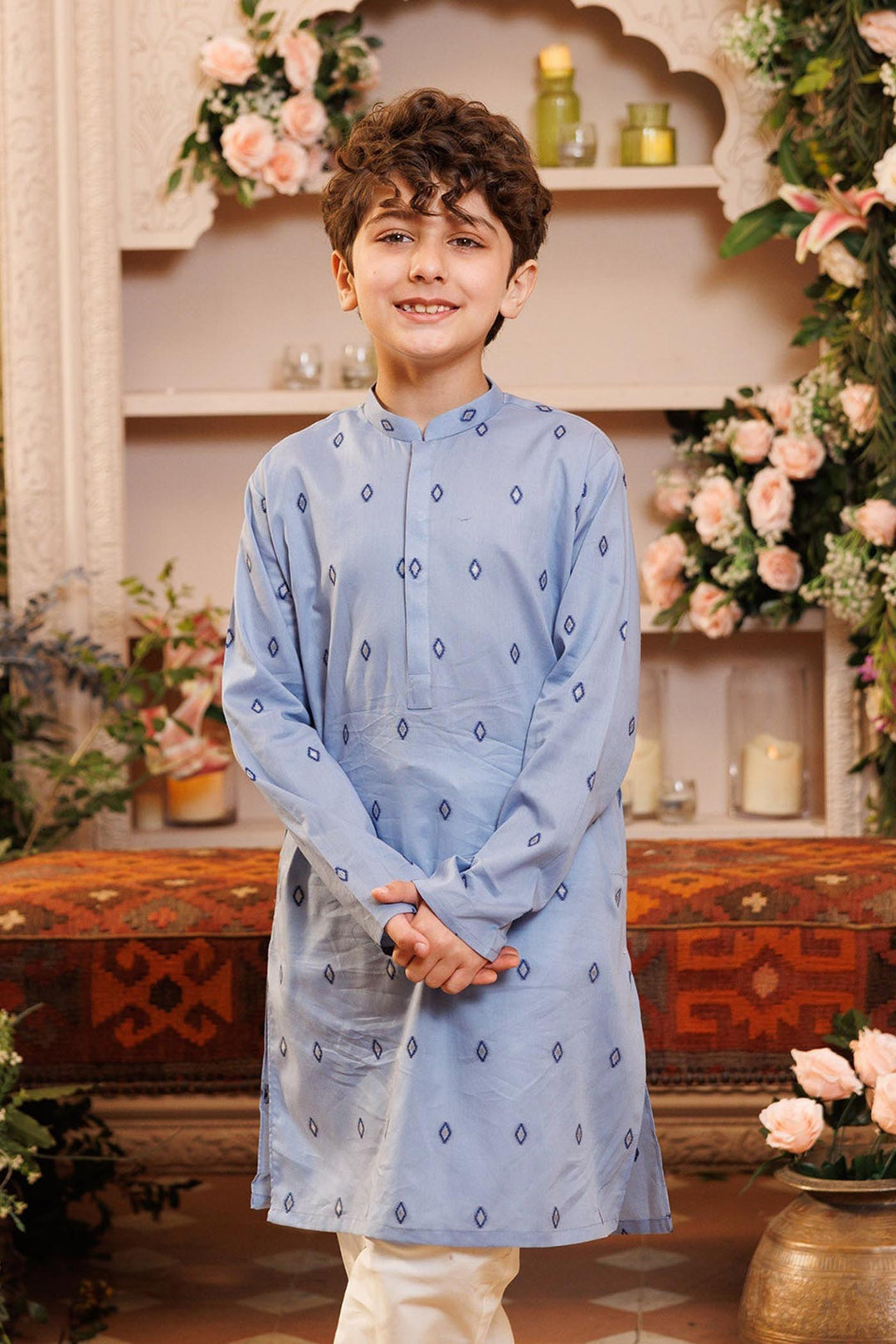 Boys Cotton Jacquard Printed Kurta (Tribal) - Blue