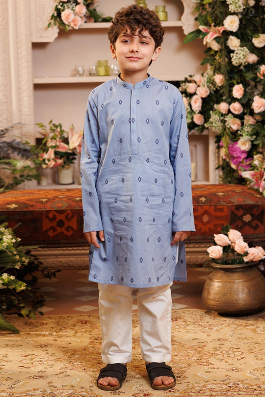 Boys Cotton Jacquard Printed Kurta (Tribal) - Blue