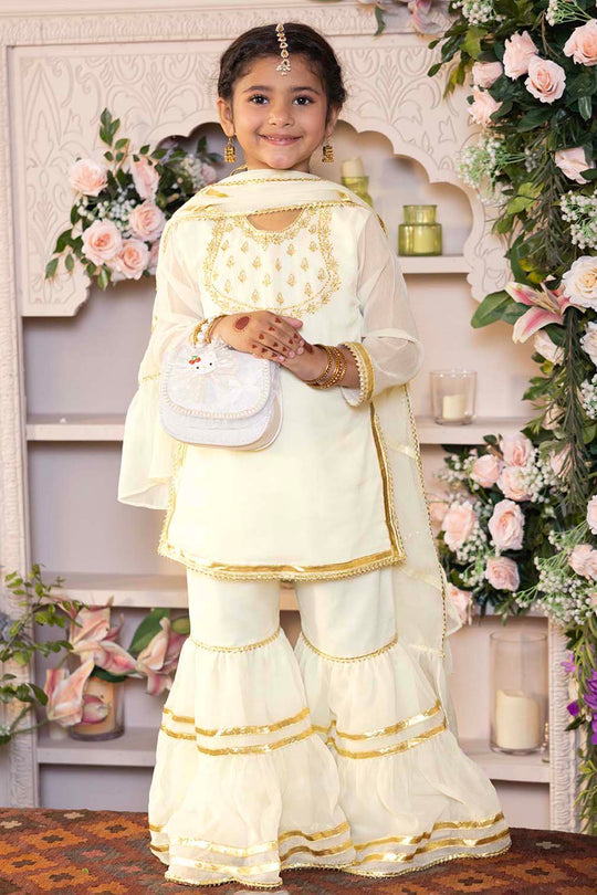 Girls Chiffon 3Pcs Set (Chamak) - Cream