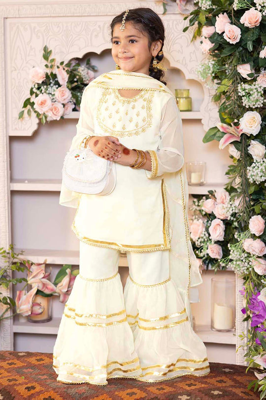 Girls Chiffon 3Pcs Set (Chamak) - Cream