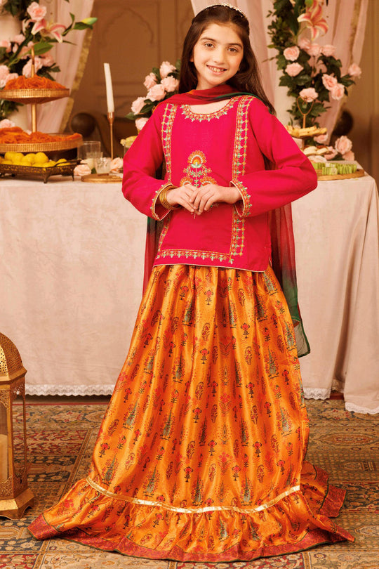 Girls Raw Silk 3PCs Suit Noor-e-DIL -Hot Pink