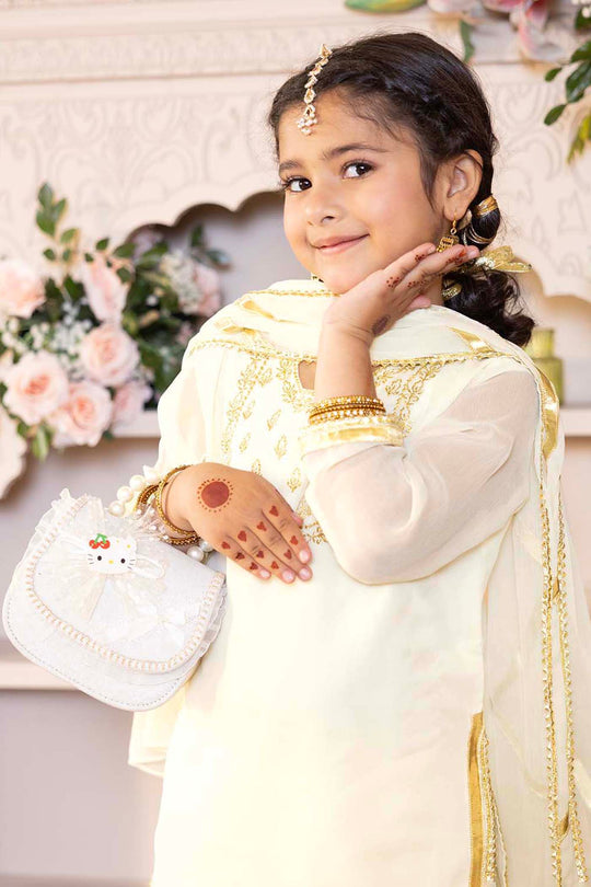 Girls Chiffon 3Pcs Set (Chamak) - Cream