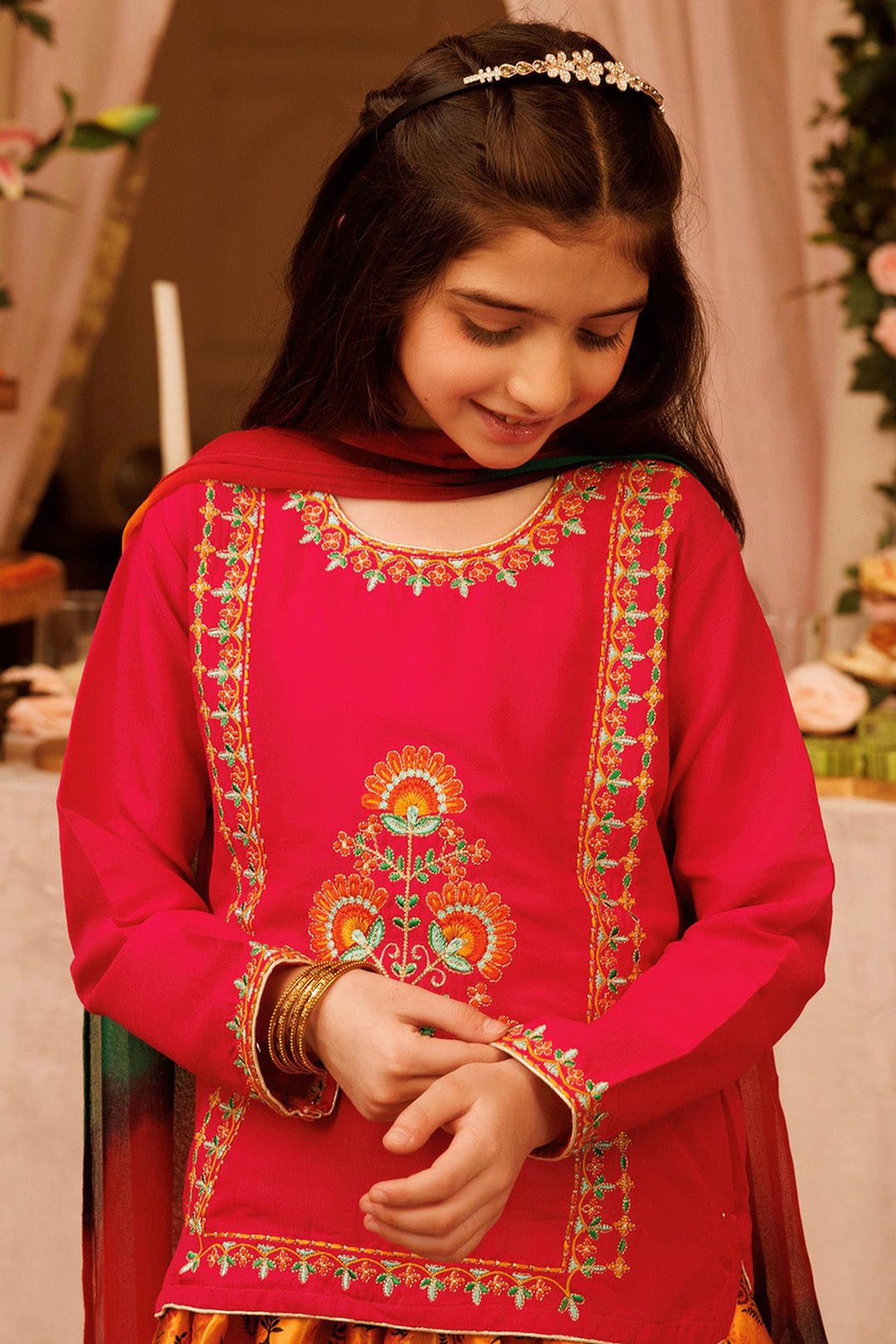 Girls Raw Silk 3PCs Suit Noor-e-DIL -Hot Pink