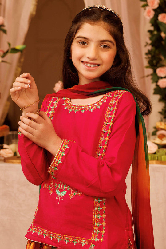 Girls Raw Silk 3PCs Suit Noor-e-DIL -Hot Pink