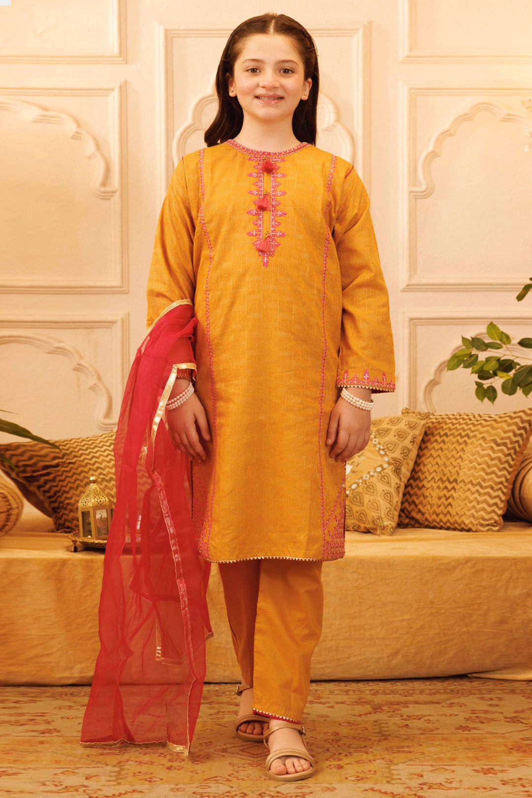 Girls Jacquard 3Pcs Suit Naaz - Golden Glow