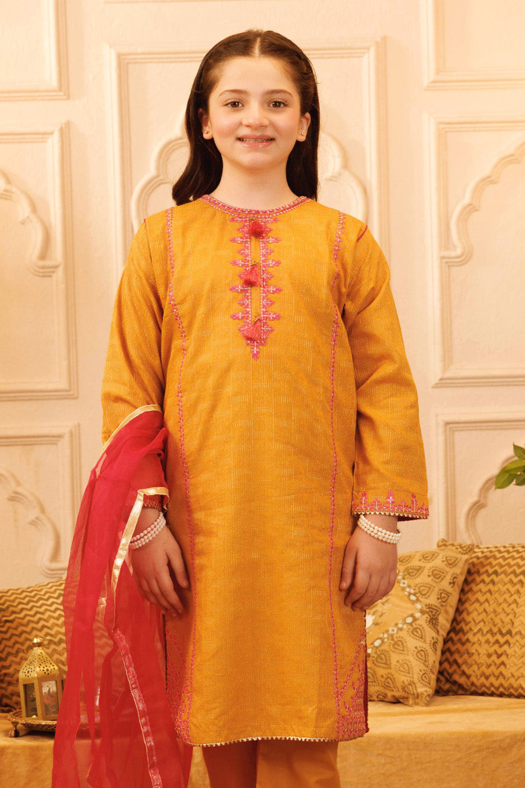 Girls Jacquard 3Pcs Suit Naaz - Golden Glow