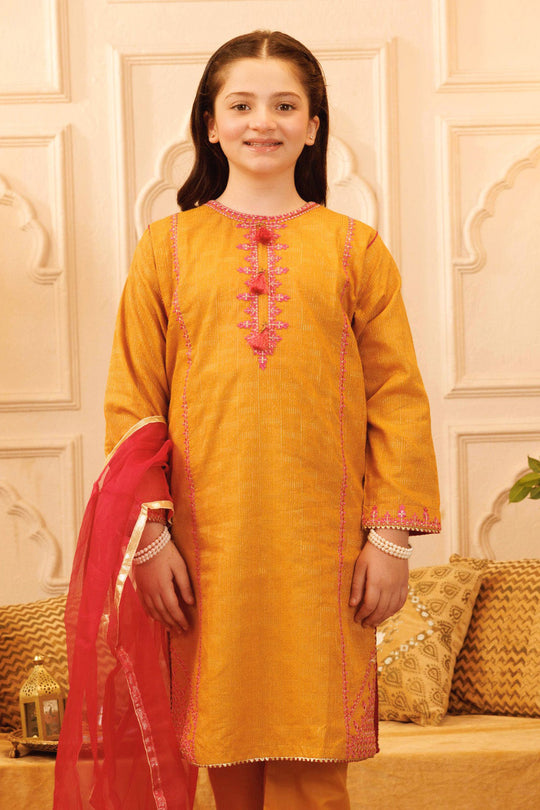 Girls Jacquard 3Pcs Suit Naaz - Golden Glow