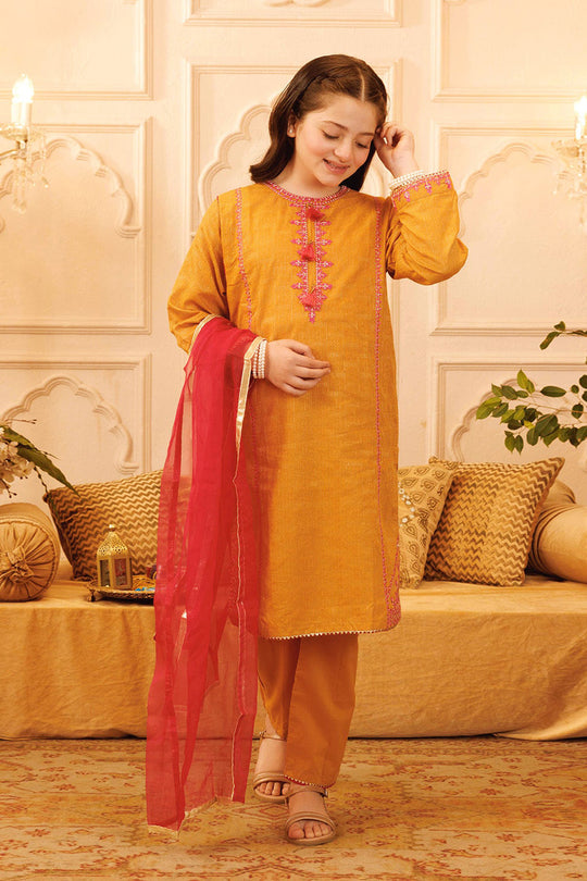 Girls Jacquard 3Pcs Suit Naaz - Golden Glow