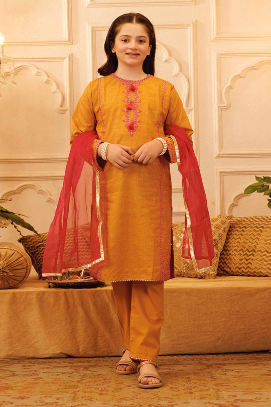 Girls Jacquard 3Pcs Suit Naaz - Golden Glow