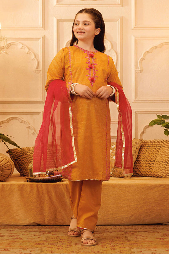 Girls Jacquard 3Pcs Suit Naaz - Golden Glow
