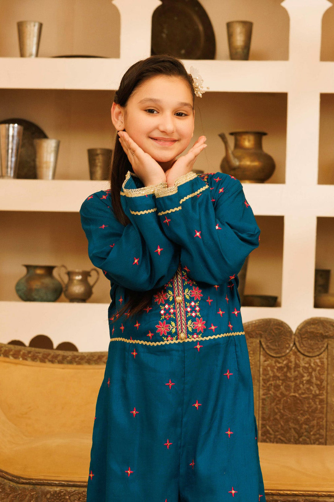 Girls Raw Silk Formal Jumpsuit Majestic-Teal