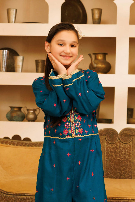 Girls Raw Silk Formal Jumpsuit Majestic-Teal