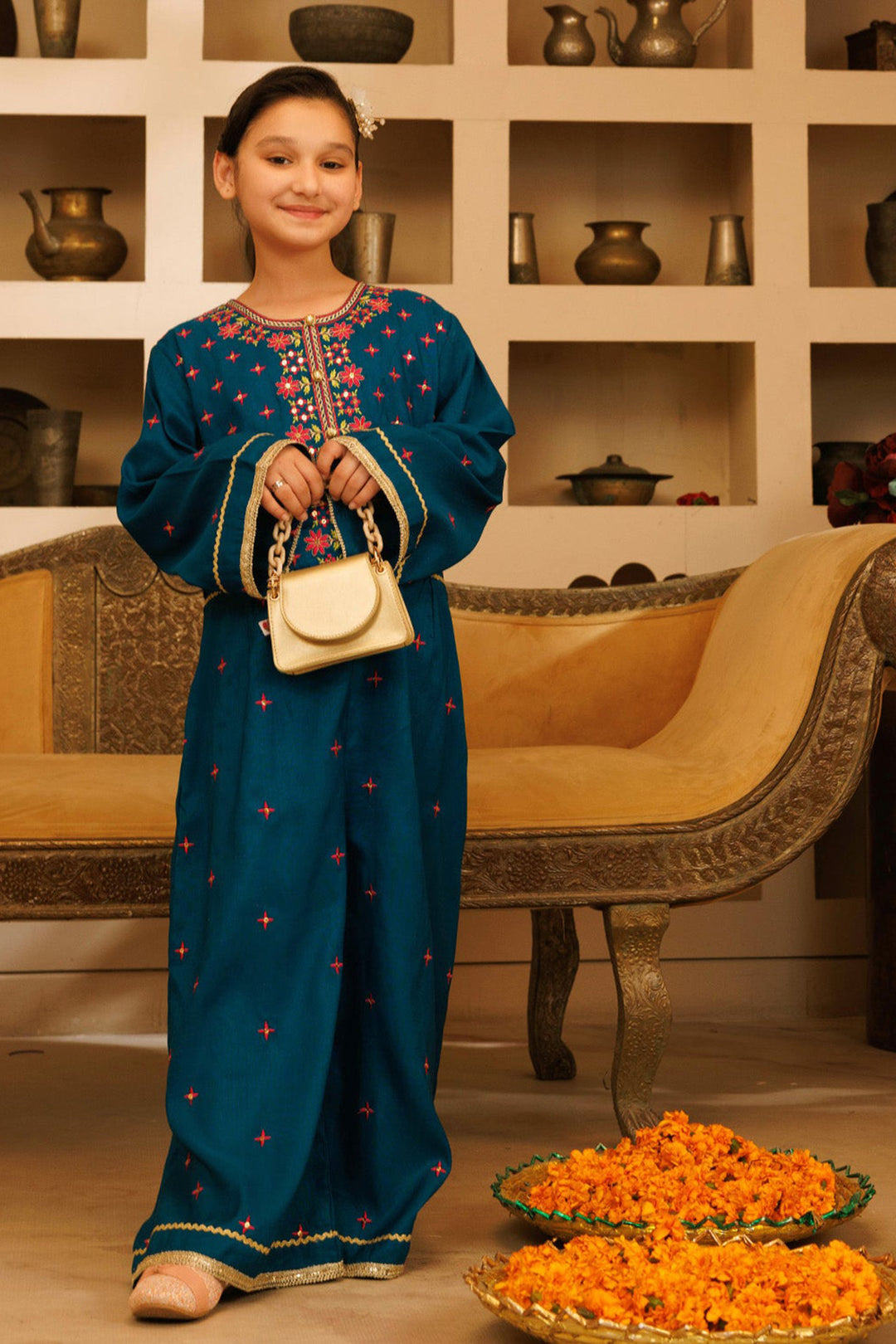 Girls Raw Silk Formal Jumpsuit Majestic-Teal