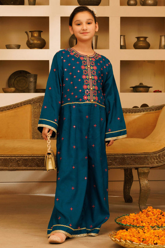 Girls Raw Silk Formal Jumpsuit Majestic-Teal