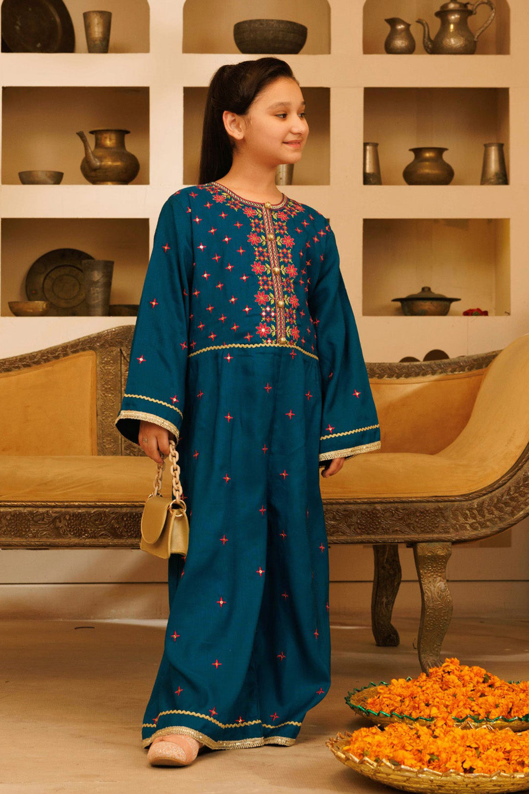 Girls Raw Silk Formal Jumpsuit Majestic-Teal