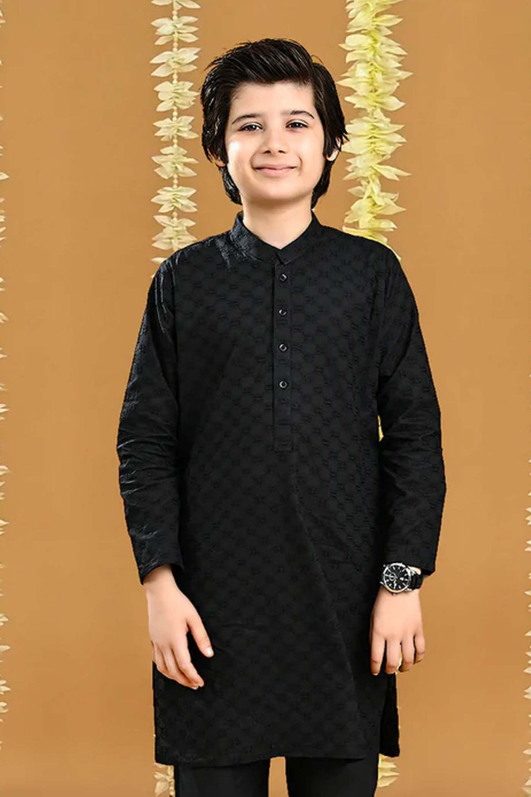Boys Cotton Chicken Kurta-BLACK