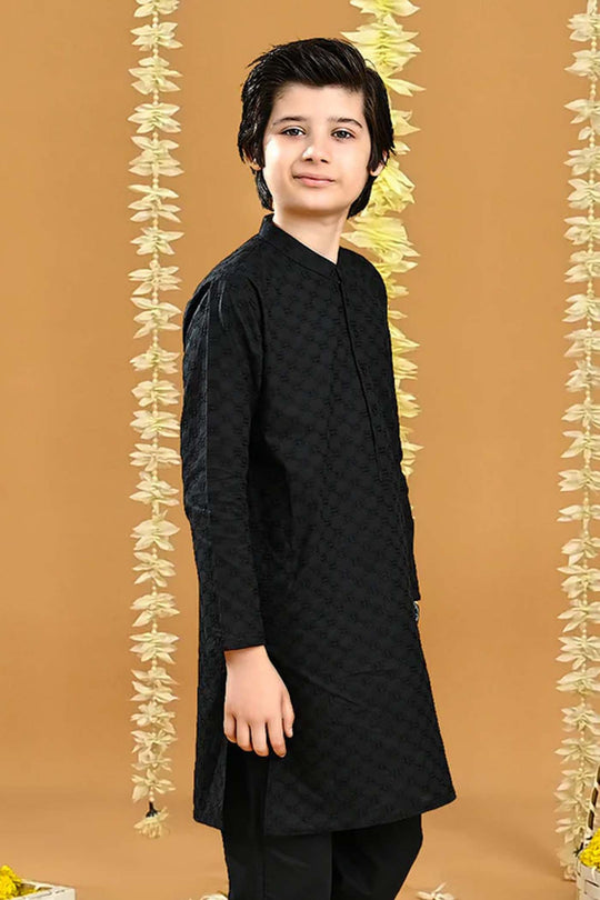 Boys Cotton Chicken Kurta-BLACK