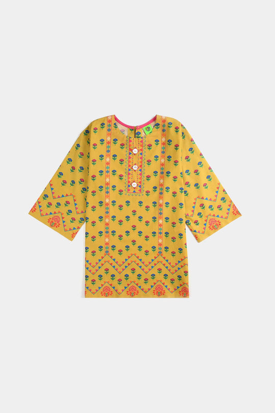 Infant Girls Cotton Poplin Printed Kurti Ocher-Mustard