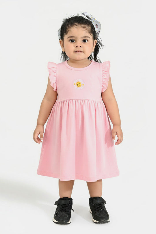 Infant Girls Cotton Jersey Knitted Frock - Pink