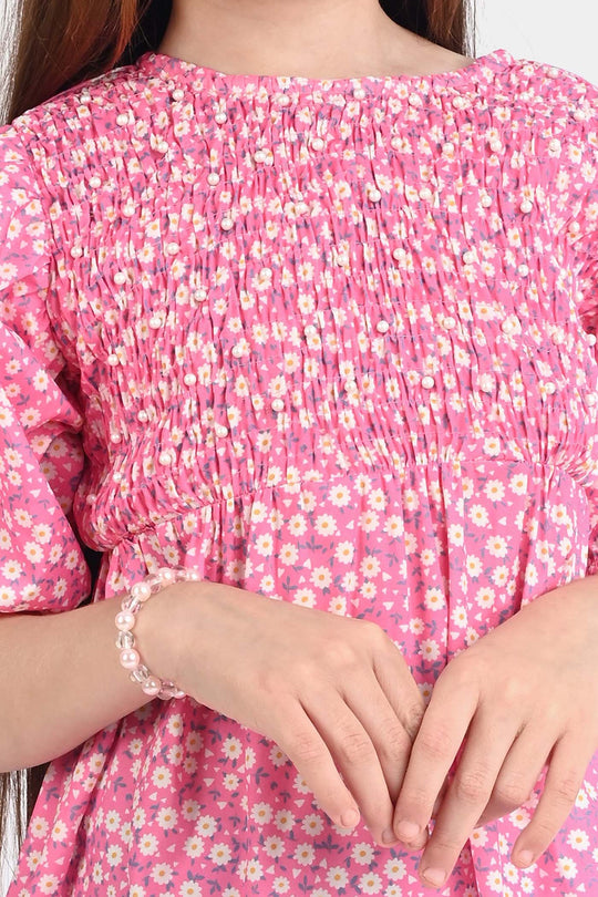 Girls Raw Silk Casual Frock-Pink