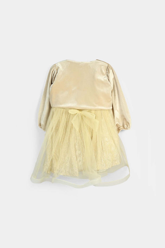 Girls Organza Fancy Frock Glittery - Beige