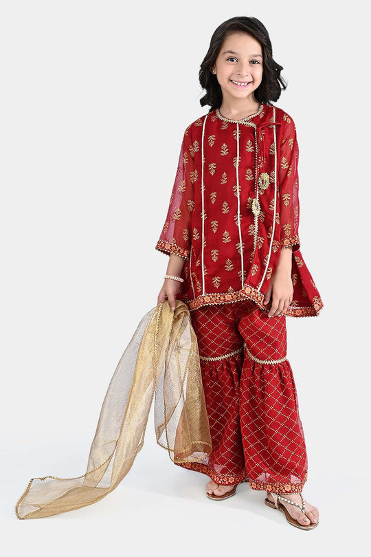 Girls Chiffon 3PC Suit Riwayat-Red