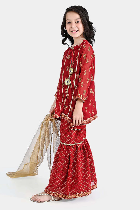 Girls Chiffon 3PC Suit Riwayat-Red