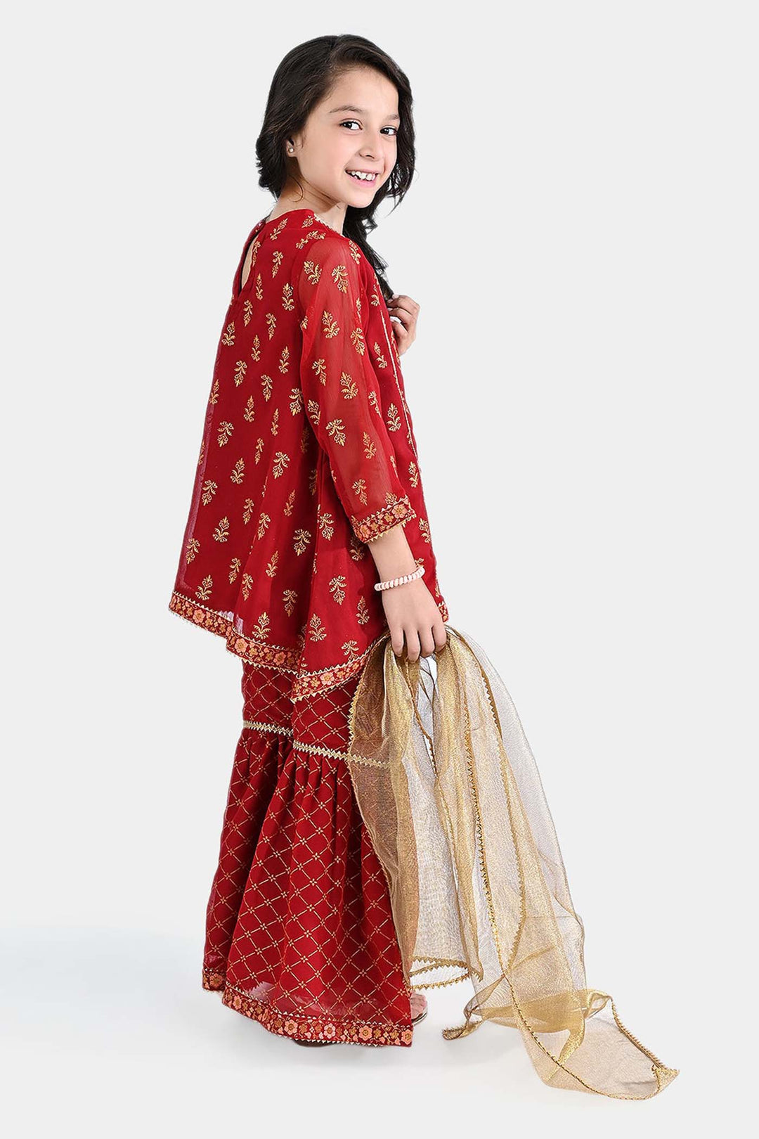 Girls Chiffon 3PC Suit Riwayat-Red