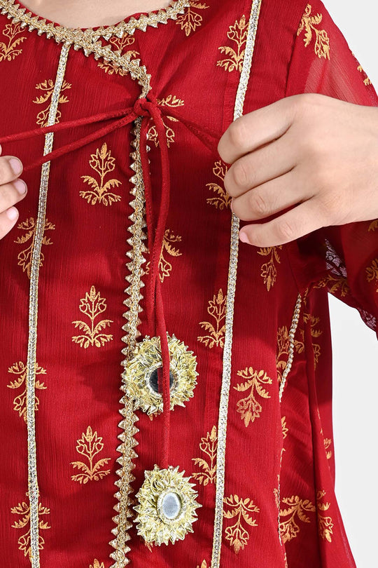 Girls Chiffon 3PC Suit Riwayat-Red