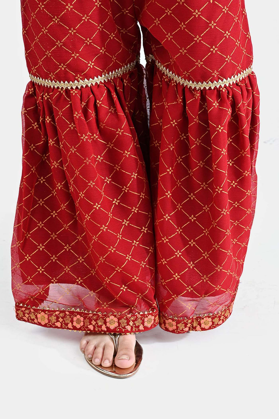 Girls Chiffon 3PC Suit Riwayat-Red